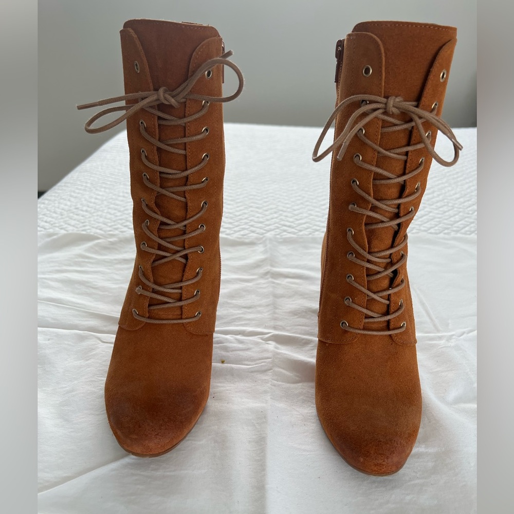 Camel. Mid calf. Laced. 3.5 inch heel.